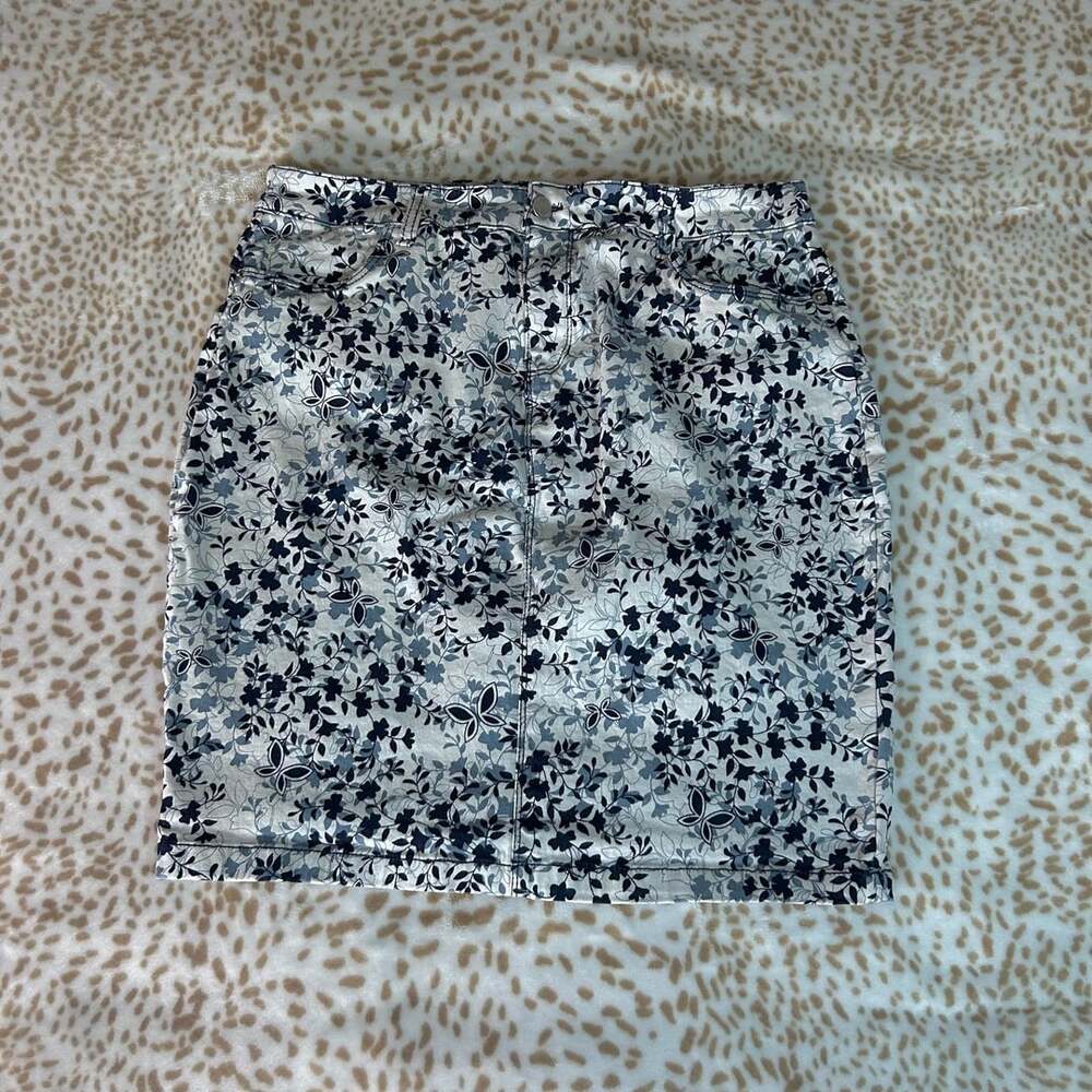 Westport Floral Pencil Skirt Size 10 Blue White Stretch Cotton Denim